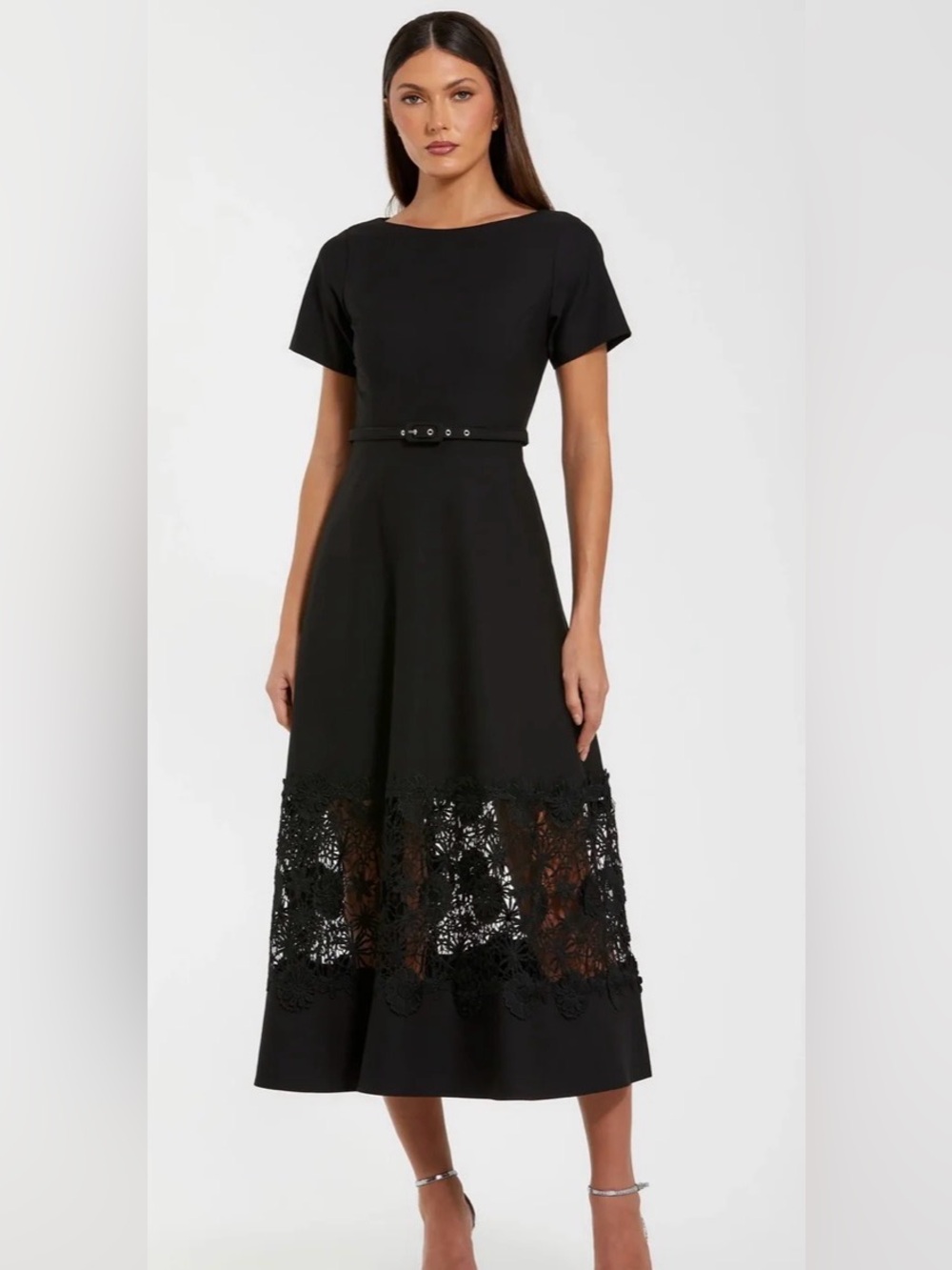 Mac Duggal Black A-Line Midi Dress with Lace Inset